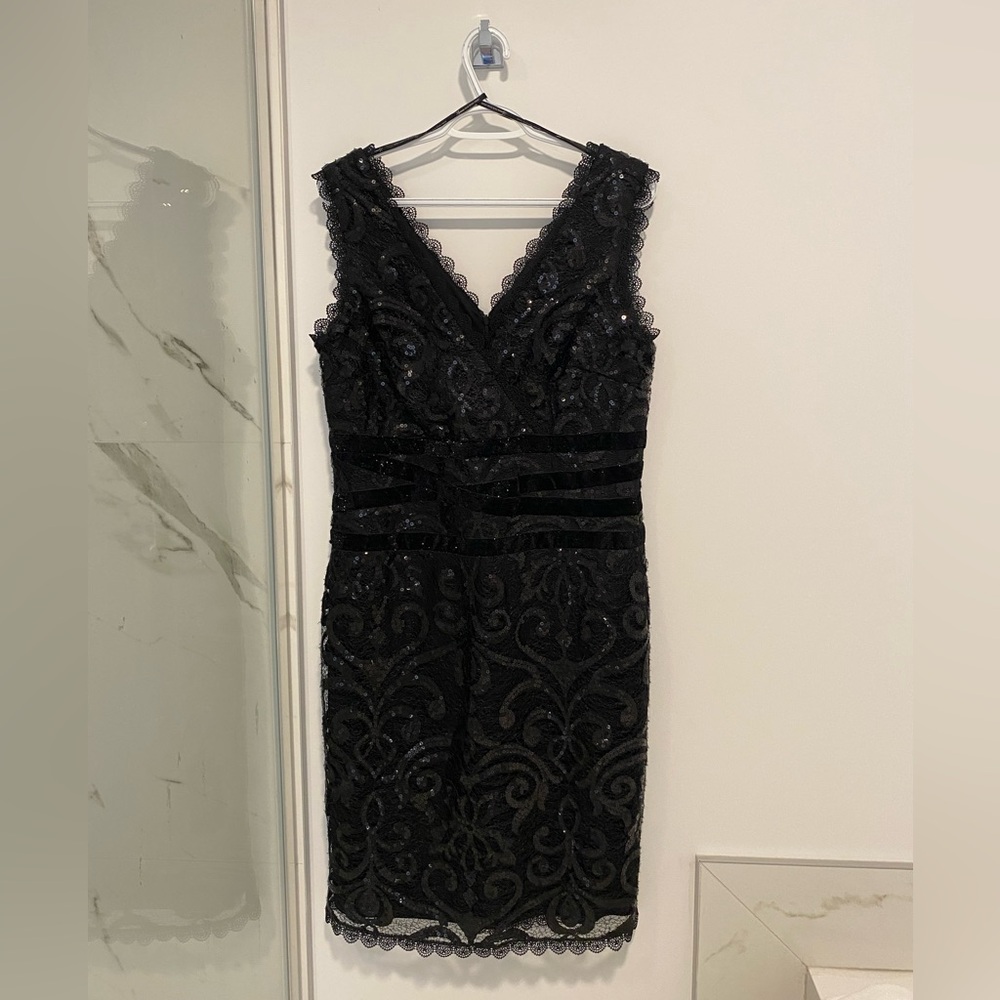 Frank Lyman Design Elegant Black Sequin Midi Dress, Cocktail Dress